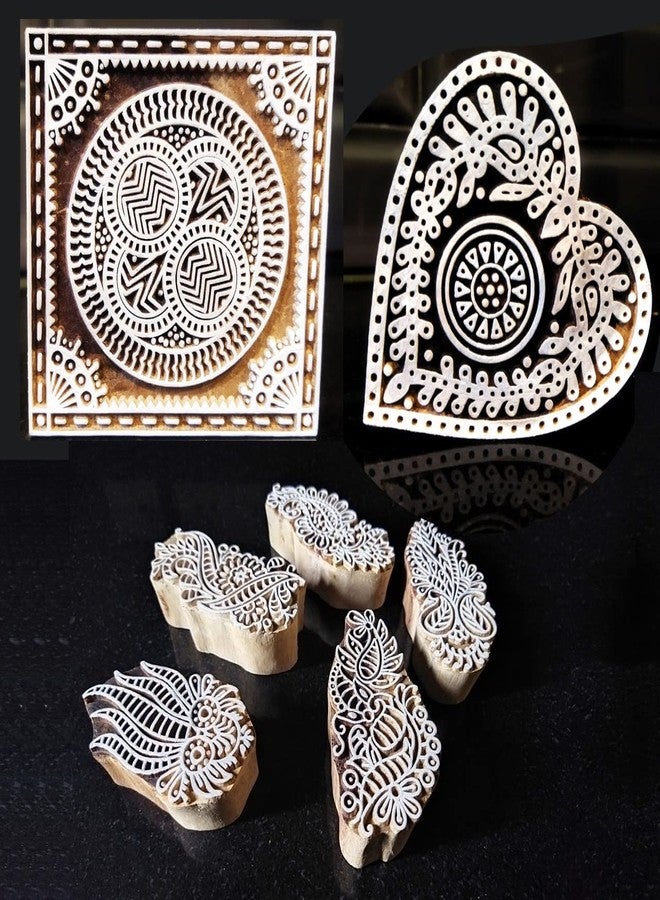 Ecofynd Wooden Block Stamps (Pack of 7) for Printing - Artistic Shapes Craft Set for Kids, Saree Border, DIY Henna, Fabric, Textile, Paper, Clay, Pottery - Hand-Carved (BLOCK055) - Image 1